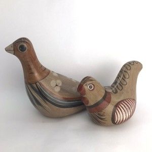 Tonala Pigeon Bird Hand Painted Mexico Folk Art Pottery Figurine Set Vintage